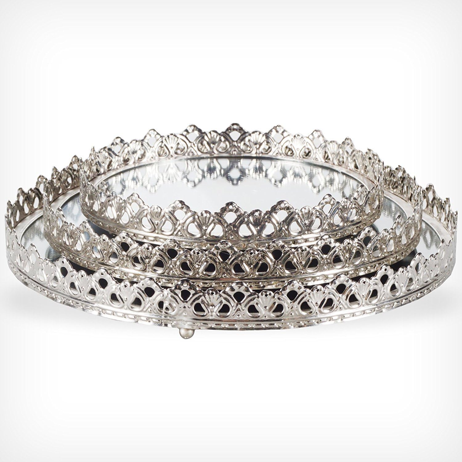 3 Set Vassoi Decorativi Colore  Argento  con Superficie a Specchio Vassoi a Specchio Decorativi in Metallo e Vetro