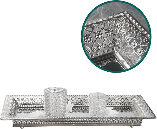2 Set Vassoi Decorativi in Metallo Argento con Specchio – Elegante Organizer per Candele, Cosmetici e Tavolini da Caffè – Stile Romantico